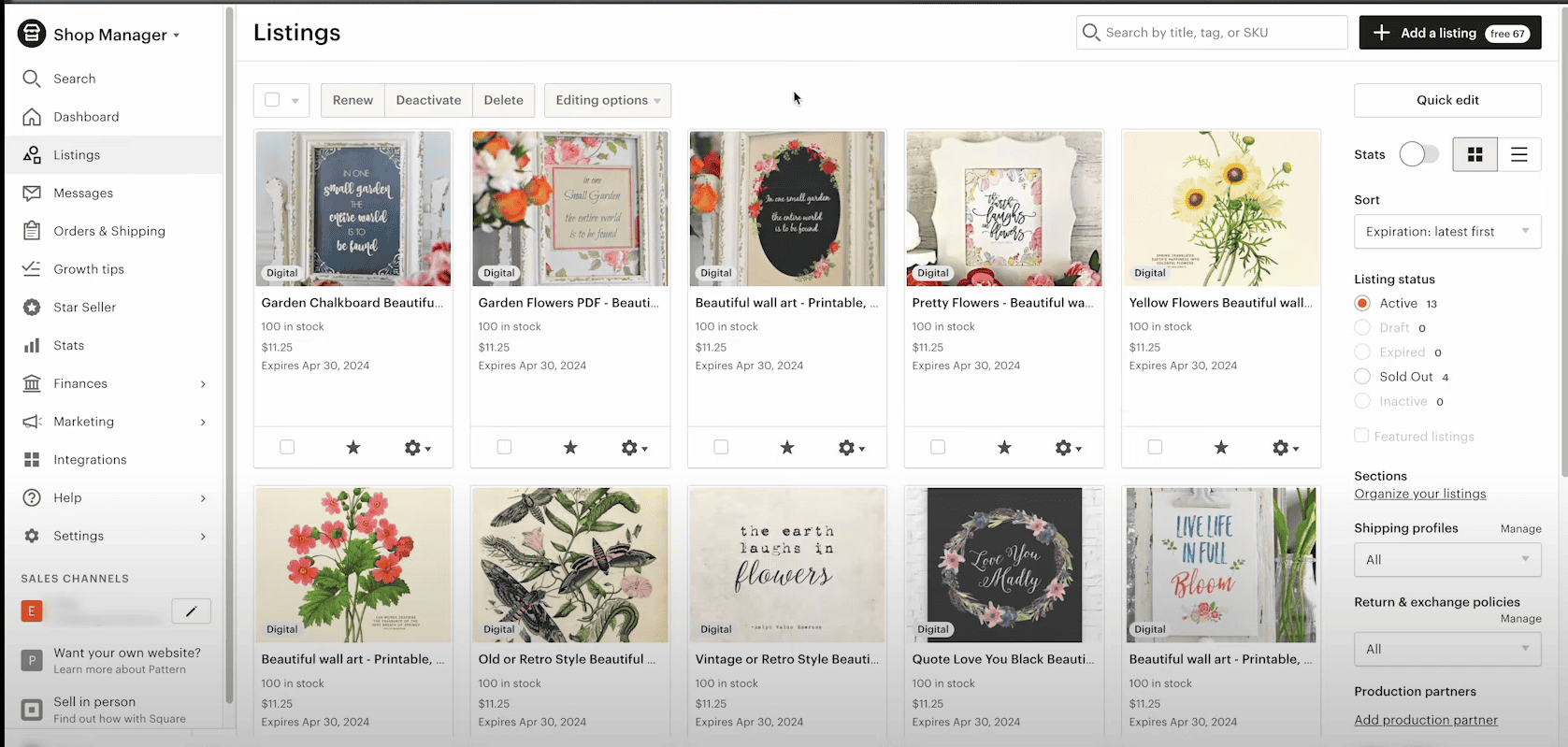Etsy shop manager listings